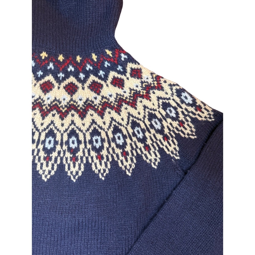 Vintage Ralph Lauren Hand Knit Fair Isle Hoodie Womens M Navy Wool Sweater - Picture 9 of 14